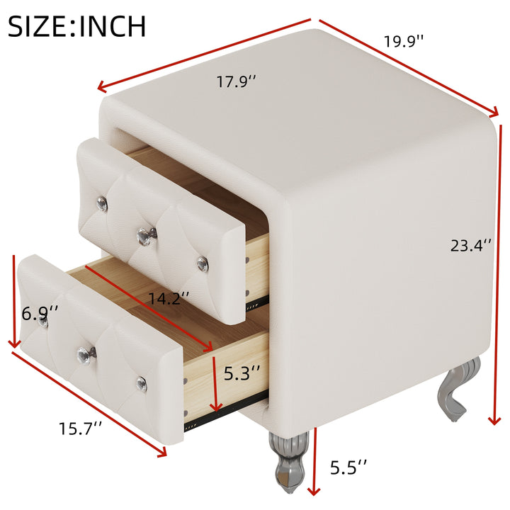 Elegant PU Nightstand with 2 Drawers and Crystal Handle,Fully Assembled Except Legs&Handles,Storage Bedside Table with Metal Legs - White