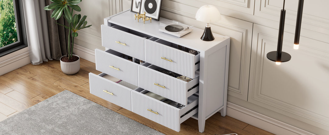 6 Drawer Dresser with Metal Handle for Bedroom, Storage Cabinet with Vertical Stripe Finish Drawer, White(Passed ASTM F2057-23 Test)