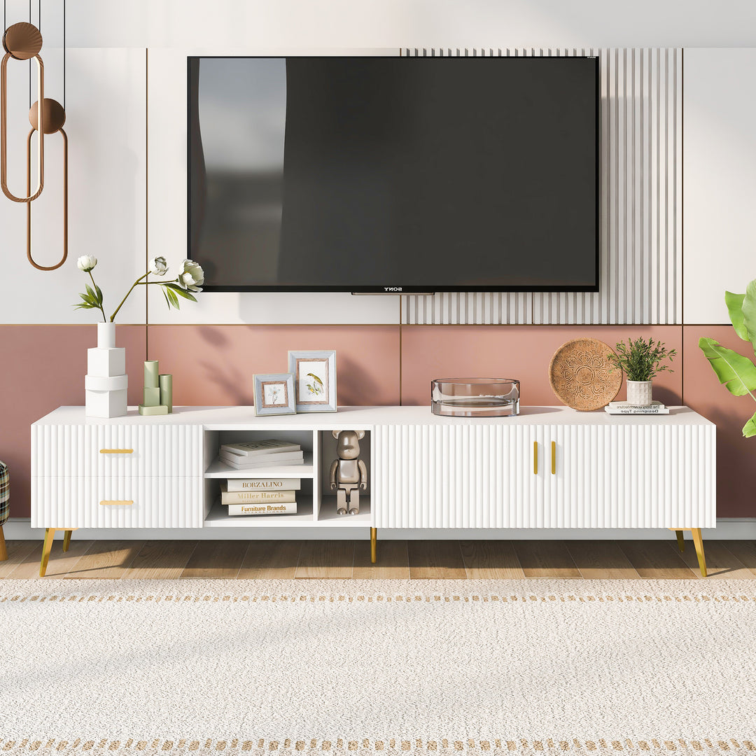 U-Can Modern TV Stand with 5 Champagne legs - Durable, stylish, spacious, versatile storage TVS up to 77" (White)