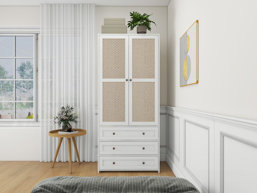 2-Door Wardrobe with 3 Drawers High Wardrobe  Armoire With 2 Rattan Door For Living Room, Bedroom Organizer