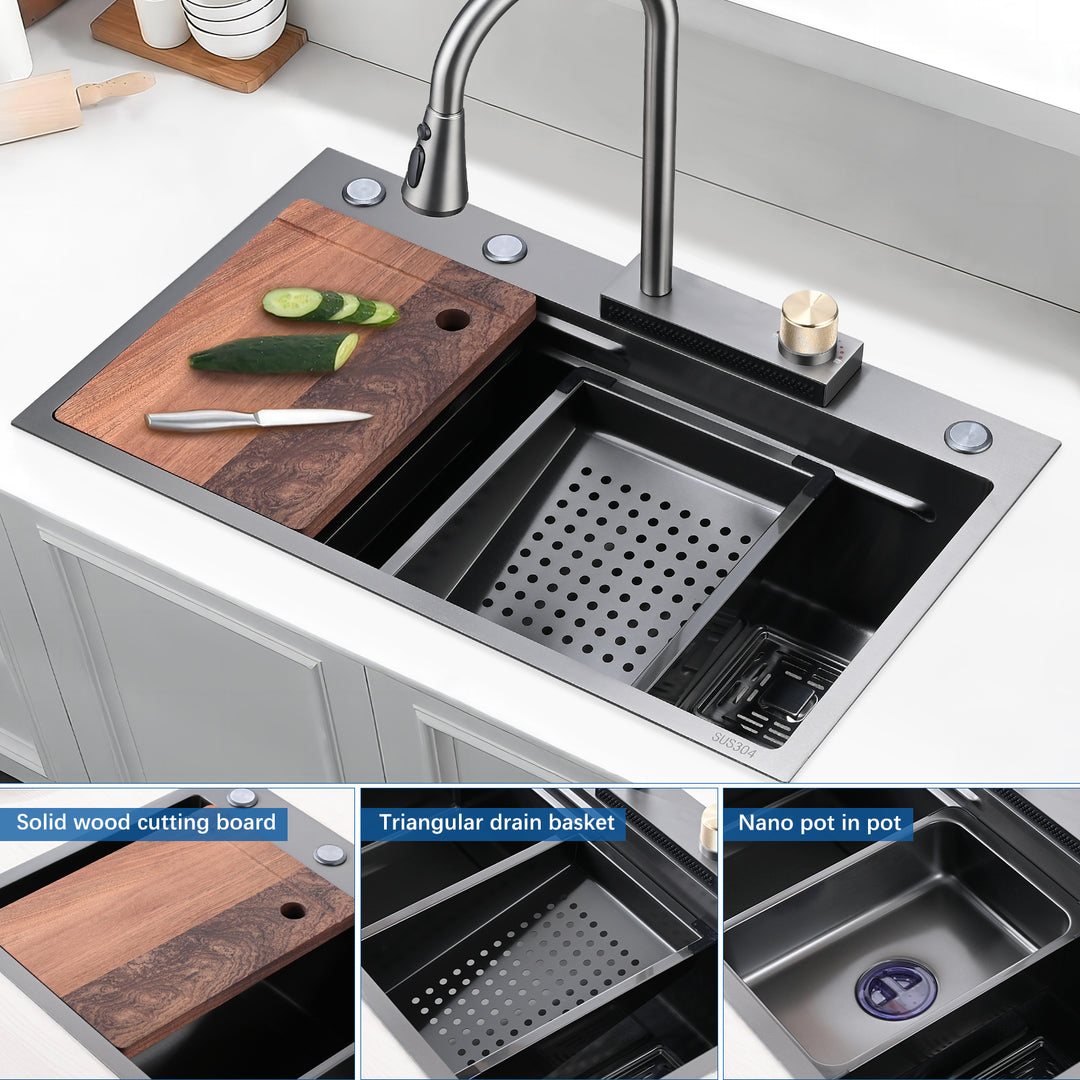 Kitchen Sink Flying rain Waterfall Kitchen Sink Set 30"x 18" 304 Stainless Steel Sink with Pull Down Faucet, and Accessories