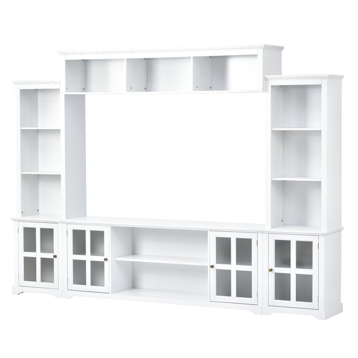 [VIDEO provided] ON-TREND Minimalism Entertainment Wall Unit with Bridge, Modern TV Console Table for TVs Up to 70", Multifunctional TV Stand with Tempered Glass Door, White (Old SKU: SD000009AAK)