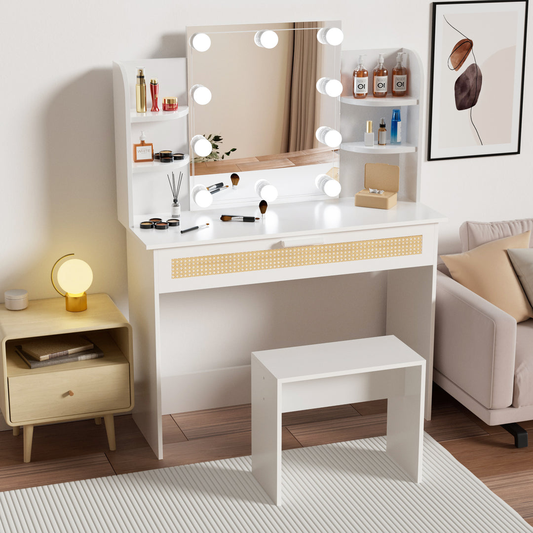 Vanity Desk Set Stool & Dressing Table with LED Lighting Mirror Drawer and Compartments Modern Wood Cosmetic Table Chest of Drawers White Color