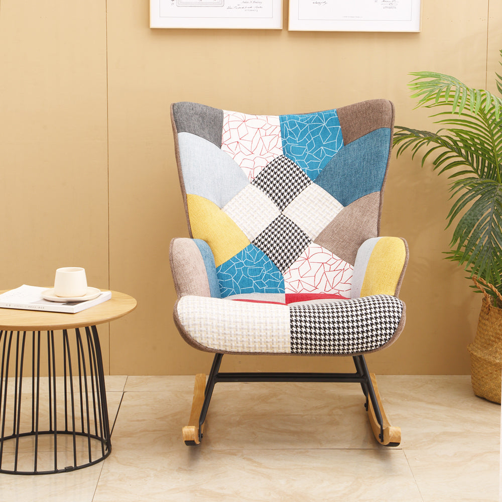 Rocking Chair, Mid Century Fabric Rocker Chair with Wood Legs and Patchwork Linen for Livingroom Bedroom