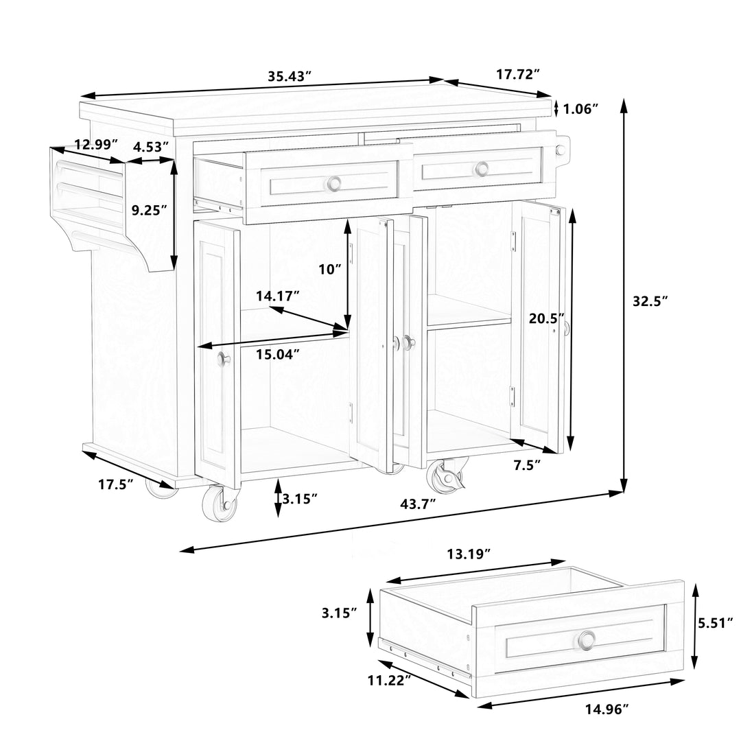 Kitchen Island Cart with Two Storage Cabinets and Two Locking Wheels,43.31 Inch Width,4 Door Cabinet and Two Drawers,Spice Rack, Towel Rack(White)