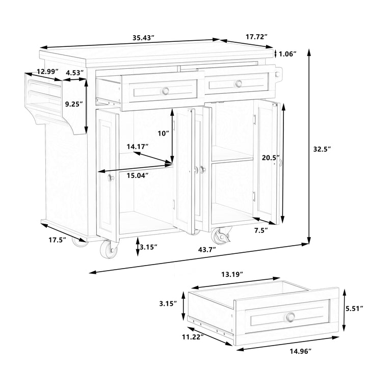 Kitchen Island Cart with Two Storage Cabinets and Two Locking Wheels,43.31 Inch Width,4 Door Cabinet and Two Drawers,Spice Rack, Towel Rack(White)