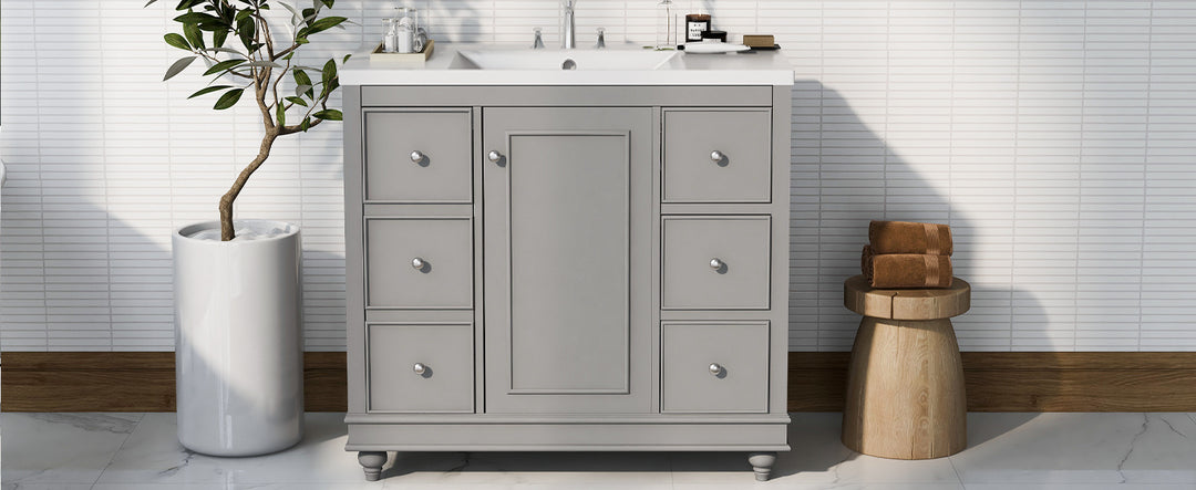 Contemporary Gray Bathroom Vanity Cabinet - 36x18x34 inches, 4 Drawers & 1 Cabinet Door, Multipurpose Storage, Resin Integrated Sink, Adjustable Shelves, Solid Wood Frame with MDF