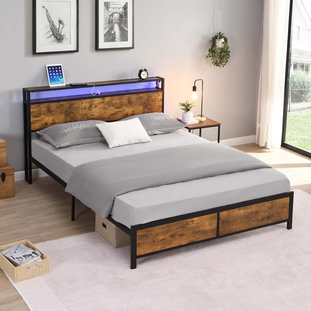 Industrial Full Bed Frame with LED Lights and 2 USB Ports, Bed Frame Full Size with Storage, Noise Free, No Box Spring Needed, Rustic Brown