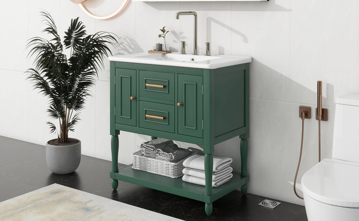 30" Bathroom Vanity with Sink Top, Bathroom Vanity Cabinet with Two Doors and Two Drawers, Solid Wood Frame, One Package, Green