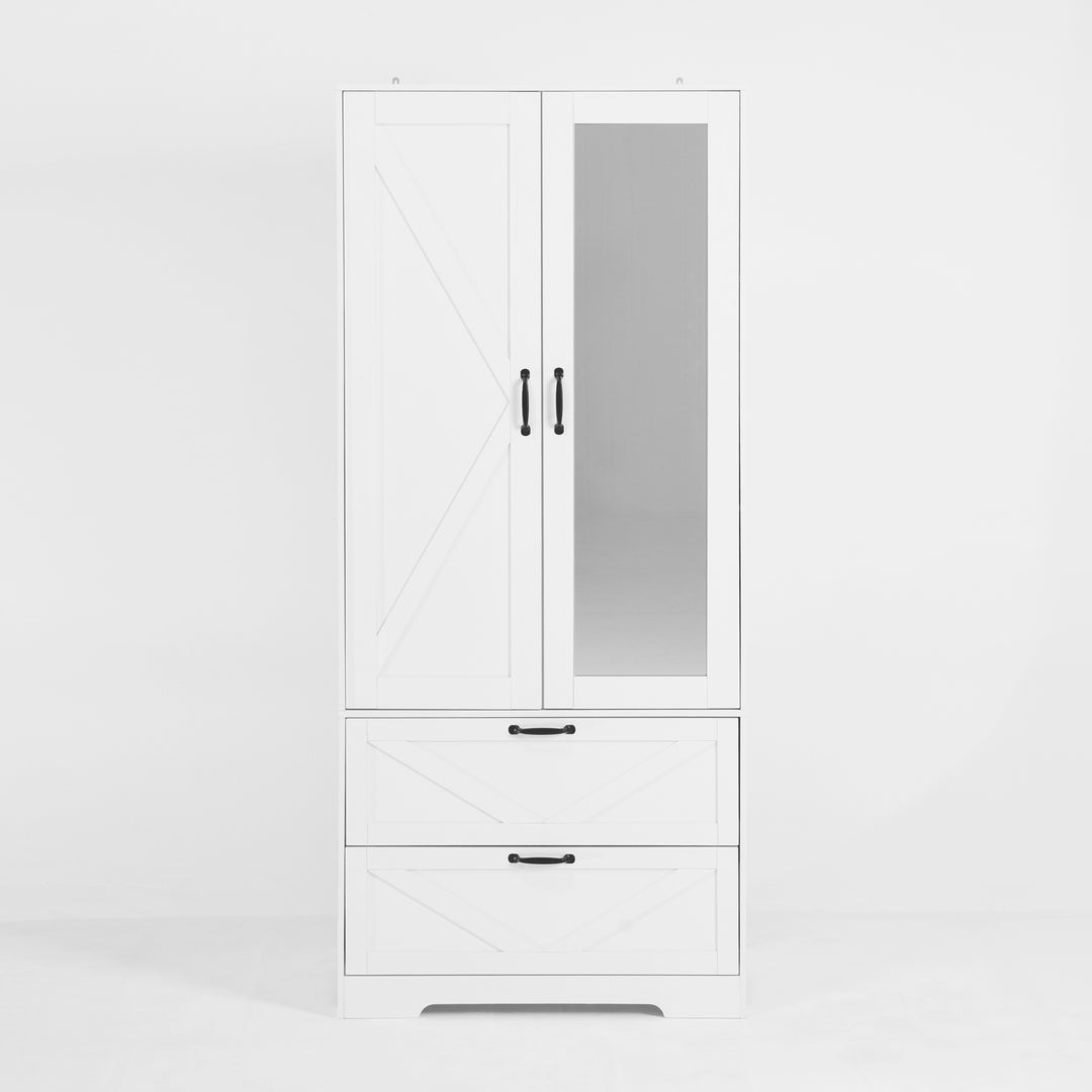 2 Door Wood Wardrobe for Bedroom with Hanging Clothing Rod inside the Cabinet and 2 Drawers for Storage Organization, Built-in induction light Multifunctional Closet with Mirror, White