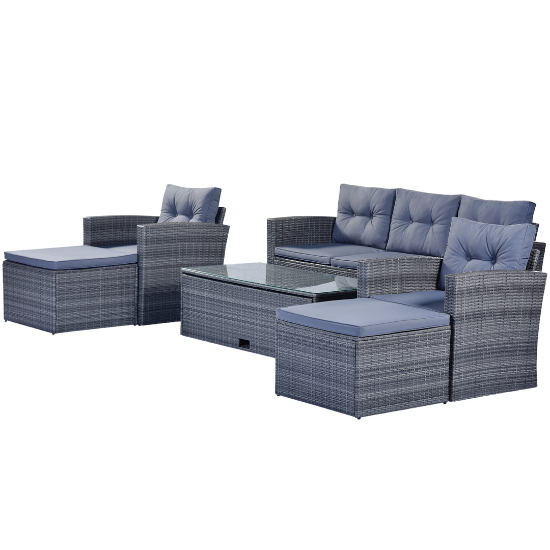 GO 6-piece All-Weather Wicker PE rattan Patio Outdoor Dining Conversation Sectional Set with coffee table, wicker sofas, ottomans,  removable cushions (Dark grey wicker, Light grey cushion)