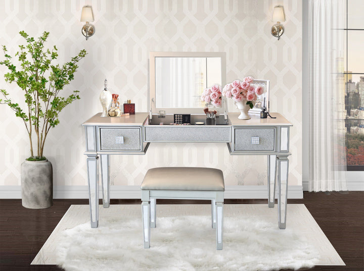 Mirrored Vanities Desk with Drawers, Bedroom Makeup Vanity Table Set with Mirror and Stool, Flip Up Dressing Table for Bedroom/Makeup Room, Working Desk for Women, Girl Furniture Combo