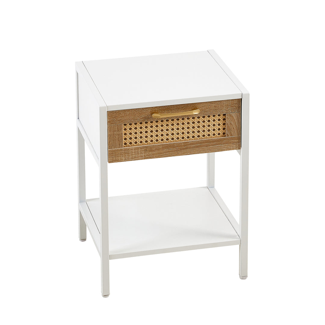 Set of 2, 15.74" Rattan End table with  drawer, Modern nightstand, metal legs,side table for living room, bedroom,white