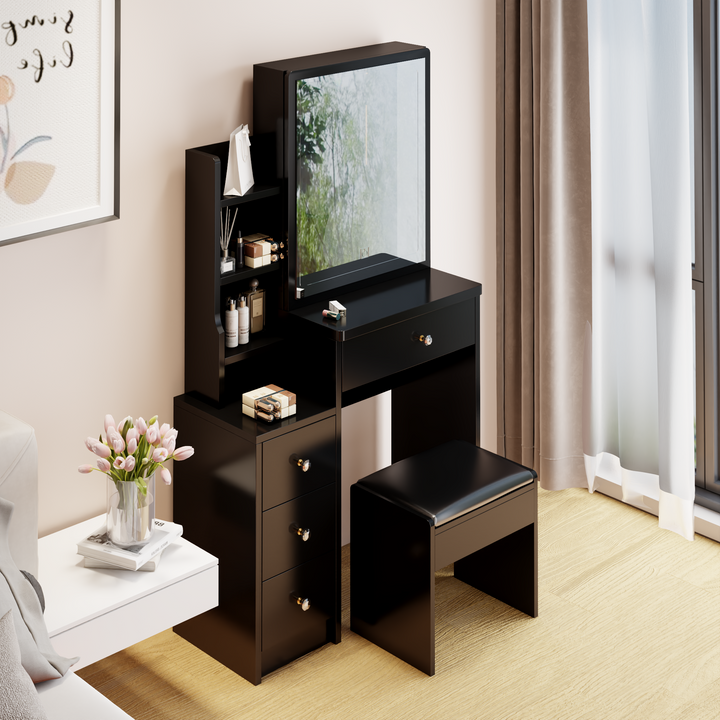 Left Bedside Cabinet Vanity Table + Cushioned Stool, Extra large Sliding mirror, Multi Layer High Capacity Storage, Left Bedside Cabinet, Practical Fashionable Dresser, Modern Makeup Furniture