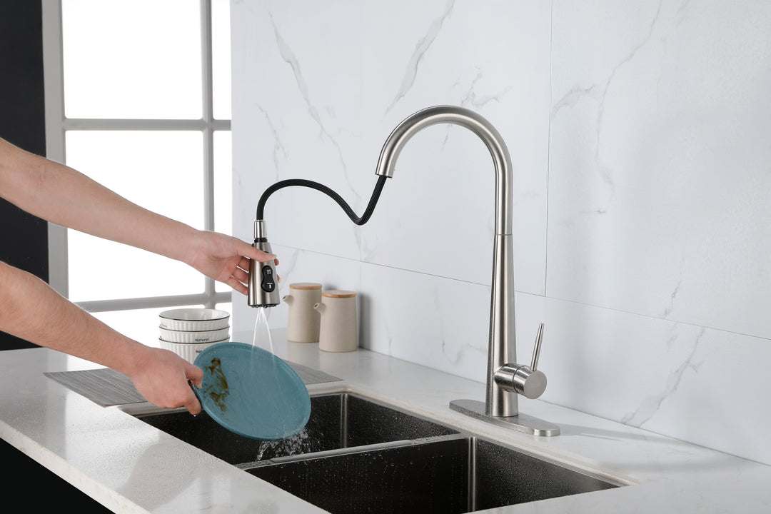 Kitchen Faucet with Pull Down Sprayer Brushed Nickel, High Arc Single Handle Kitchen Sink Faucet with Deck Plate, Commercial Modern Stainless Steel Kitchen Faucets