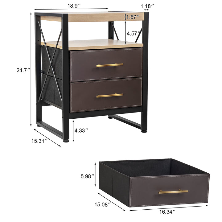 Nightstand with 2 Drawers with Removable Fabric Bins, for Bedroom, Living Room - Sturdy Iron Frame, Wood Top, Gold Pull Handle