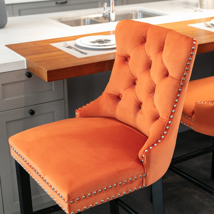 A&A Furniture,Contemporary Velvet Upholstered Barstools with Button Tufted Decoration and Wooden Legs, and Chrome Nailhead Trim, Leisure Style Bar Chairs,Bar stools, Set of 2 (Orange)