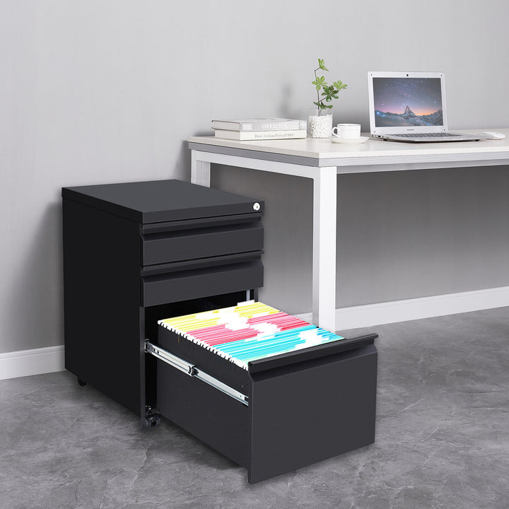 3 Drawer File Cabinet with Lock, Steel Mobile Filing Cabinet on Anti-tilt Wheels, Rolling Locking Office Cabinets Under Desk for Legal/Letter Size