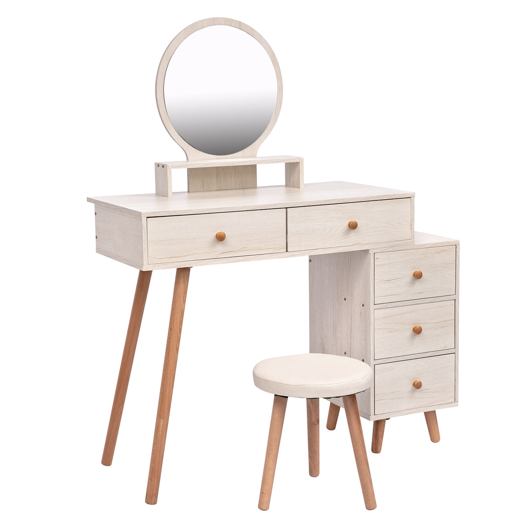 CRAZY ELF Makeup Vanity Table with Cushioned Stool, Large Capacity Storage Cabinet, 5 Drawers, Large Round Mirror, Fasionable Makeup Furniture (31.5"-43.2"L x 15.8"W x 48.1"H) Length Adjustable