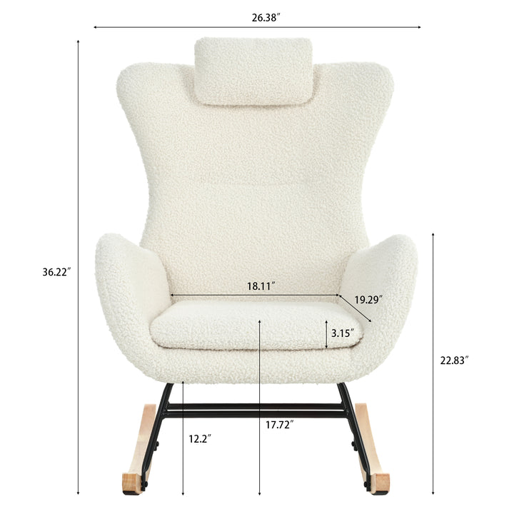 Rocking Chair Nursery, Teddy Upholstered Rocker Glider Chair with High Backrest, Adjustable Headrest & Pocket, Comfy Glider Chair for Nursery, Bedroom, Living Room, Offices, Rubber wood, white