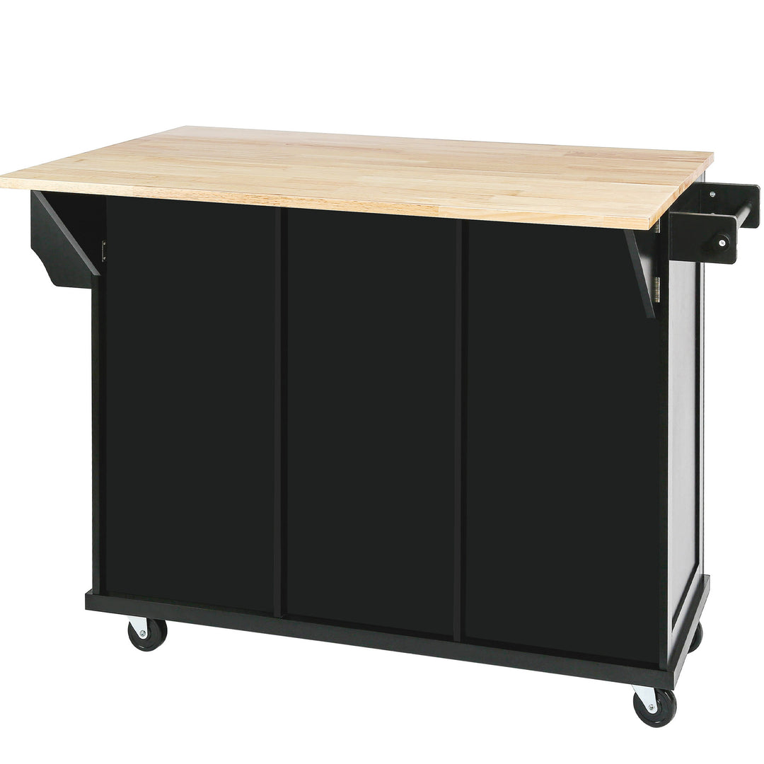 Kitchen Cart with Rubber wood Drop-Leaf Countertop ,Cabinet door internal storage racks,Kitchen Island on 5 Wheels with Storage Cabinet and 3 Drawers for Dinning Room, Black