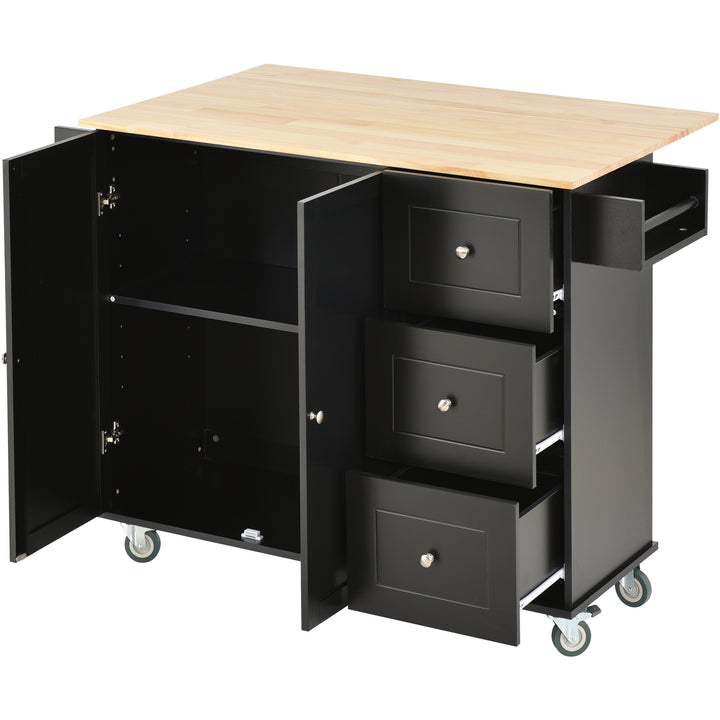 Rolling Mobile Kitchen Island with Solid Wood Top and Locking Wheels,52.7 Inch Width,Storage Cabinet and Drop Leaf Breakfast Bar,Spice Rack, Towel Rack & Drawer (Black)