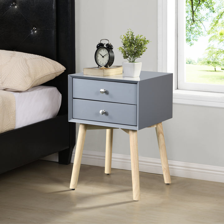 ZFZTIMBER Side Table,Bedside Table with 2 Drawers and Rubber Wood Legs, Mid-Century Modern Storage Cabinet for Bedroom Living Room, Gray