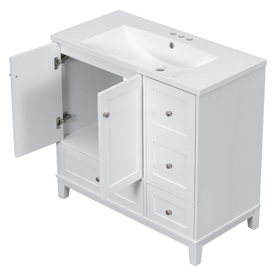 36 Inch Modern Bathroom Vanity with USB Charging, Two Doors and Three Drawers Bathroom Storage Vanity Cabinet, Small Bathroom Vanity cabinet with single sink , White & Gray Blue - Faucets Not Included