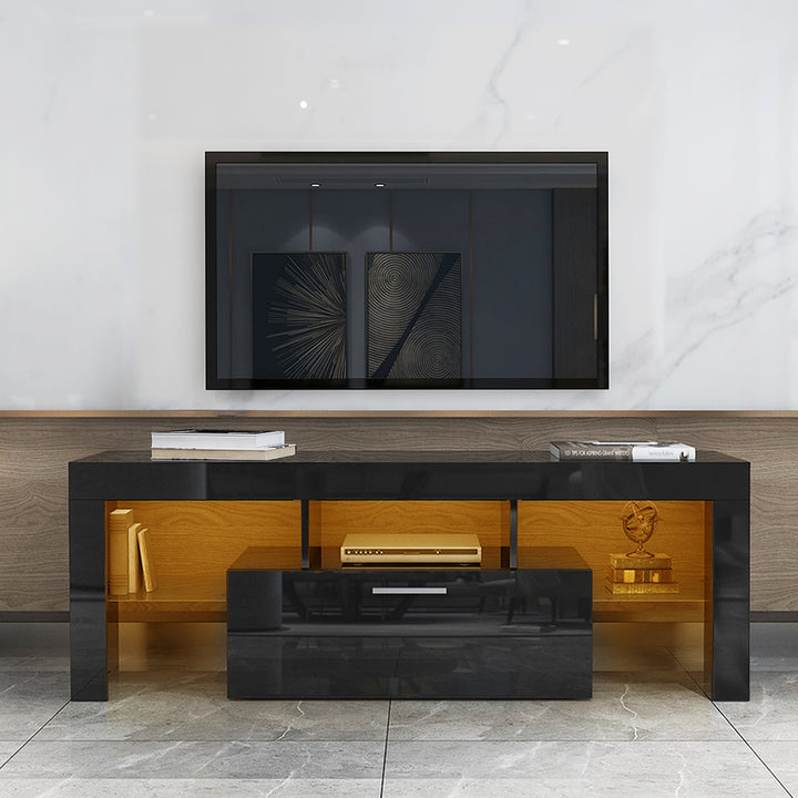 FashionTVstandTVcabinet,EntertainmentCenter,TVstationTV console,media console,with LEDlight belt,light belt remote control,toughenedglassshelf,metal handle,Canbeplaced in the living room,bedroom,black