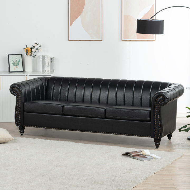 83.46'' Black PU Rolled Arm Chesterfield Three Seater Sofa.