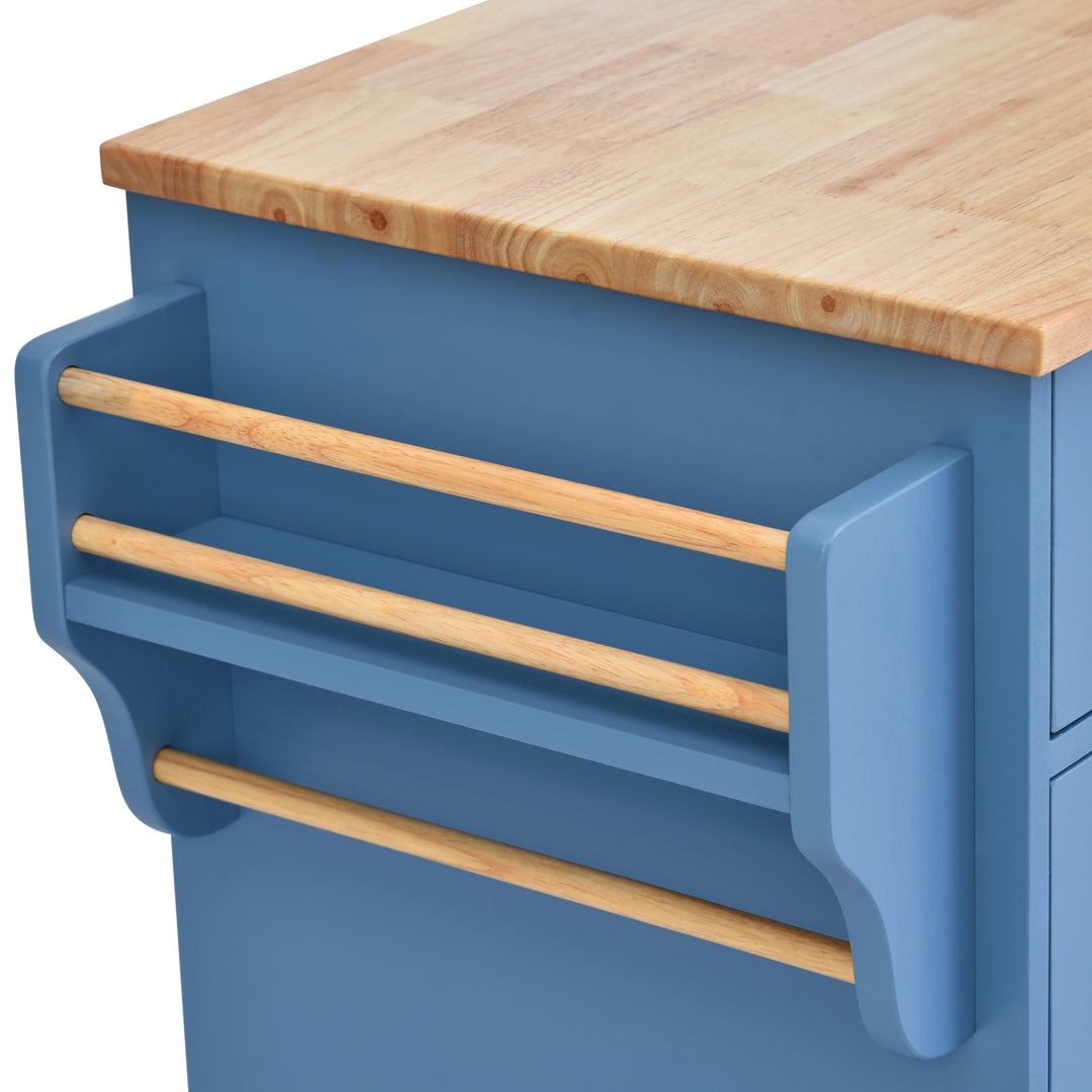 Kitchen cart with Rubber wood desktop rolling mobile kitchen island with storage and 5 draws 53 Inch length (Blue)