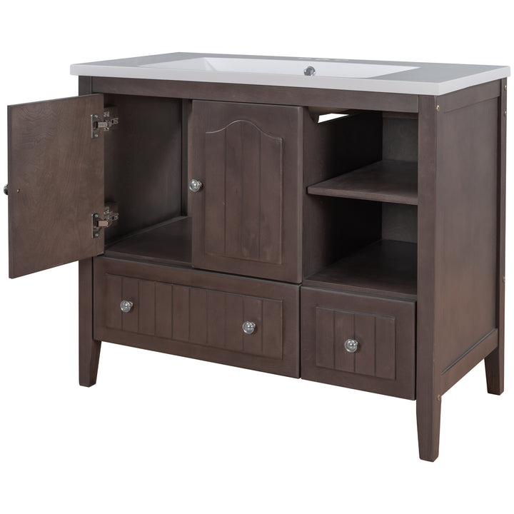 [VIDEO] 36" Bathroom Vanity with Ceramic Basin, Bathroom Storage Cabinet with Two Doors and Drawers, Solid Frame, Metal Handles, Brown (OLD SKU: JL000003AAD)