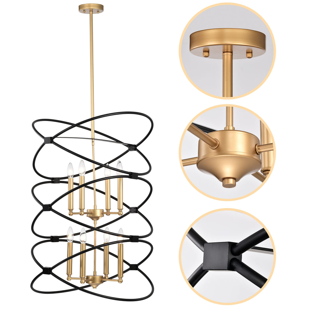 Transitional Gold/Matte Black Metal Chandelier Fixture, 8 lights, 2-Tier-Candle Ceiling Light for Living Room, Bedroom, Dining Room, Dimmable, E12, W23.6*H55