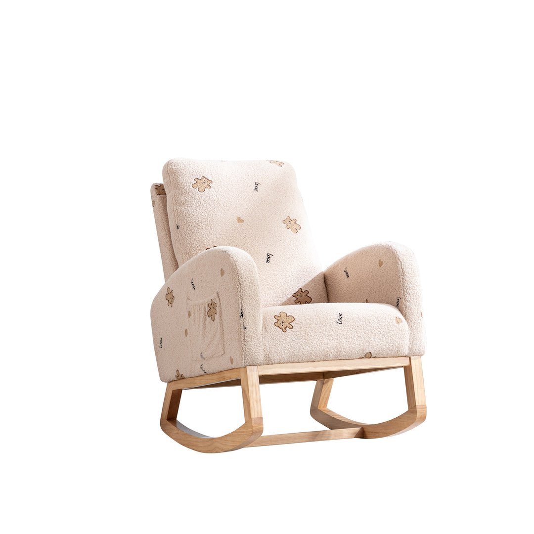 26.8"W Modern Rocking Chair for Nursery, Mid Century Accent Rocker Armchair With Side Pocket, Upholstered High Back Wooden Rocking Chair for Living Room Baby Kids Room Bedroom, Beige Boucle