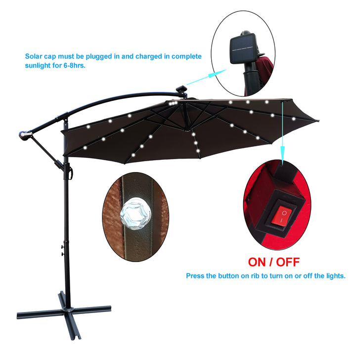 10 ft Outdoor Patio Umbrella Solar Powered LED Lighted Sun Shade Market Waterproof 8 Ribs Umbrella with Crank and Cross Base for Garden Deck Backyard Pool Shade Outside Deck Swimming Pool