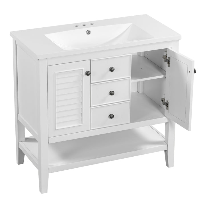 36" Bathroom Vanity with Ceramic Basin, Two Cabinets and Drawers, Open Shelf, Solid Wood Frame, White (OLD SKU: SY999101AAK)