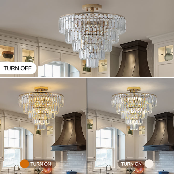 Gold Crystal Chandeliers,5-Tier Round Semi Flush Mount Chandelier Light Fixture,Large Contemporary Luxury Ceiling Lighting for Living Room Dining Room Bedroom Hallway