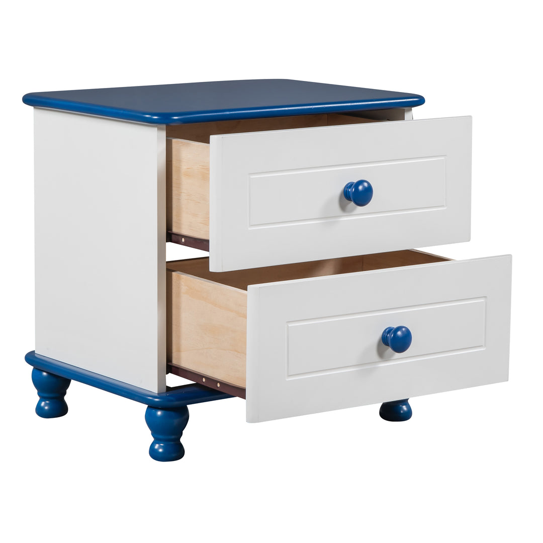 Wooden Nightstand with Two Drawers for Kids,End Table for Bedroom,White+Blue