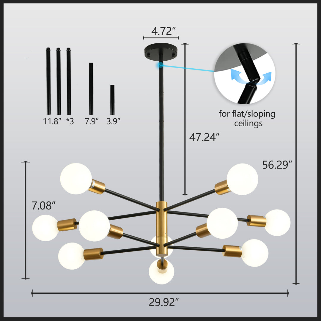 Modern American Chandeliers, Satellite Chandeliers, Black Gold Restaurant Chandeliers, Ivory Glass Lampshades, 10 Bulbs (Excluding Bulbs)