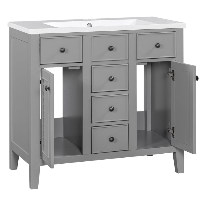 36" Bathroom Vanity with Ceramic Basin, Two Cabinets and Five Drawers, Solid Wood Frame, Grey (OLD SKU: SY999202AAE)