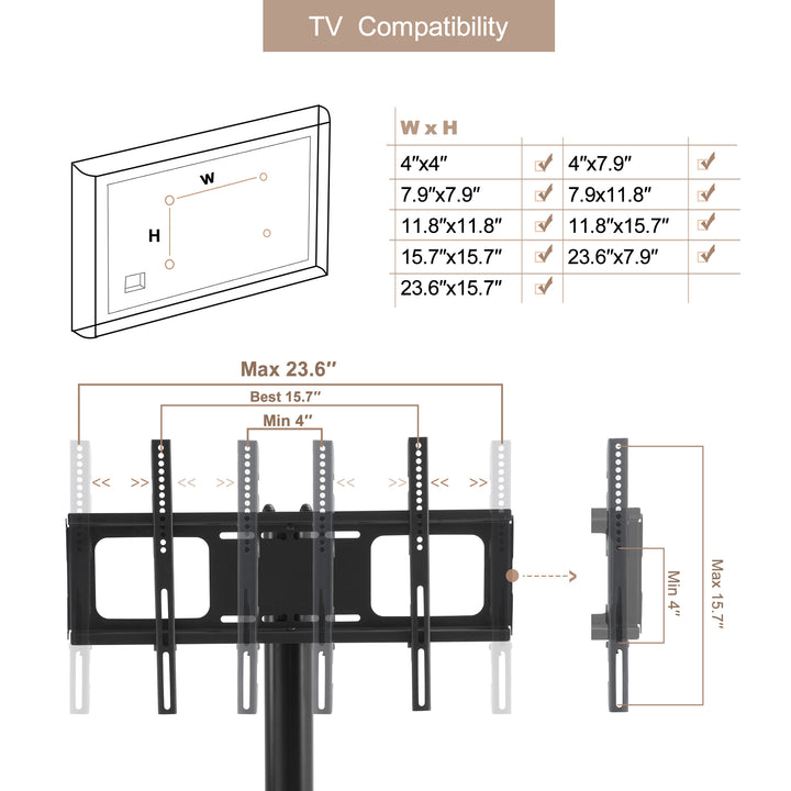 Height and Angle Adjustable Multi-Function Tempered Glass Metal Frame Floor With Lockable Wheels Mobile TV Stand, LCD/Plasma TV bracket  2 Tier Tempered Glass Shelves For Multiple Media Devices