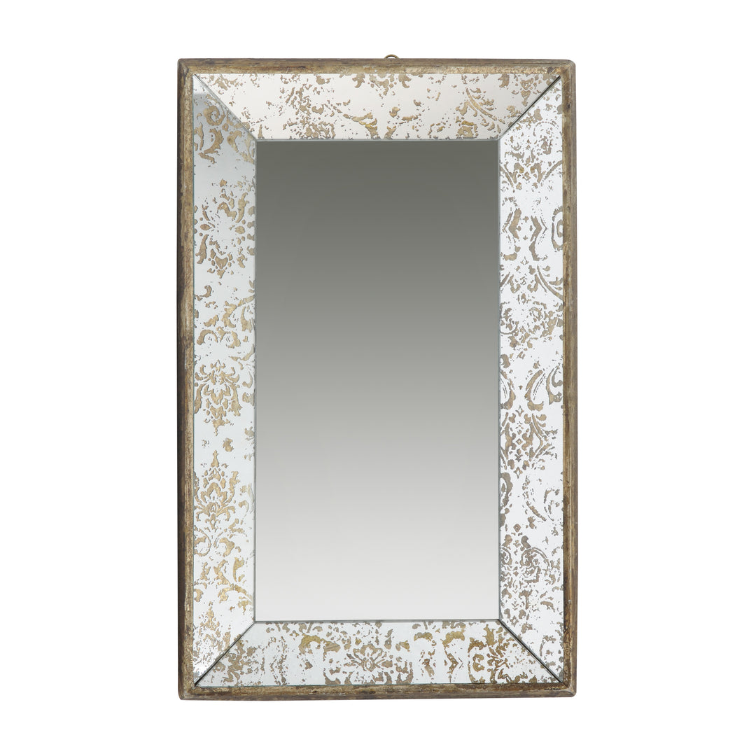 20" x 12" Antique Silver Rectangle Mirror with Floral Accents, Mirrored Display Tray, Hanging Wall Mirror