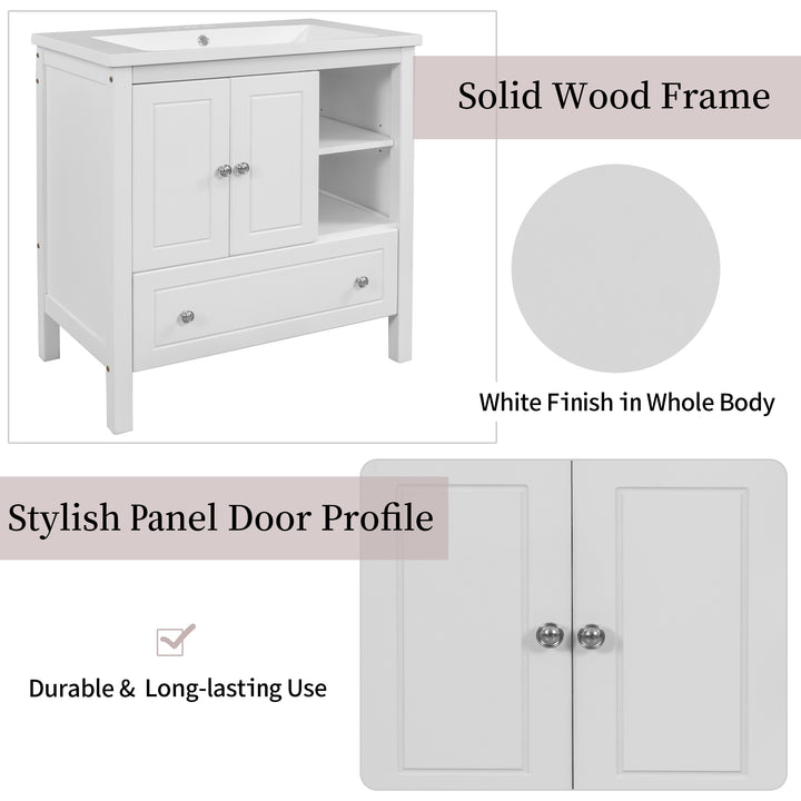 30" Bathroom Vanity Base Only, Solid Wood Frame, Bathroom Storage Cabinet with Doors and Drawers, White