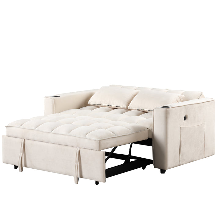 55.3" 4-1 Multi-functional Sofa Bed with Cup Holder and USB Port for Living Room or Apartments Milky White