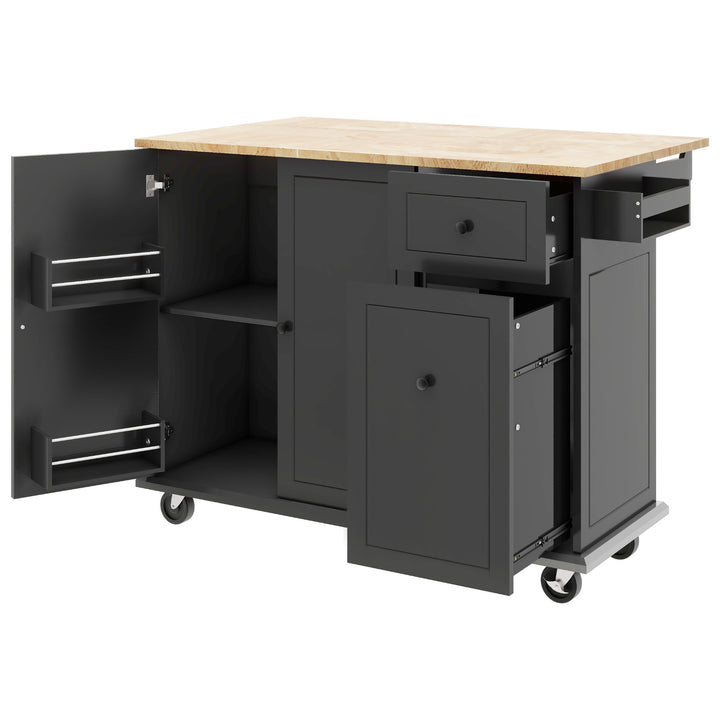 Kitchen Island with Drop Leaf, 53.9" Width Rolling Kitchen Cart on Wheels with Internal Storage Rack and 3 Tier Pull Out Cabinet Organizer, Kitchen Storage Cart with Spice Rack, Towel Rack (Black)