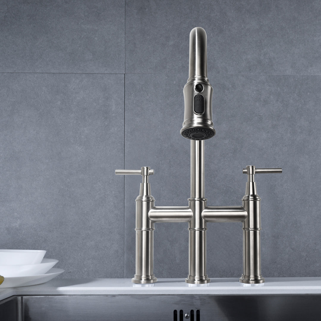 Bridge Kitchen Faucet with Pull-Down Sprayhead in Spot