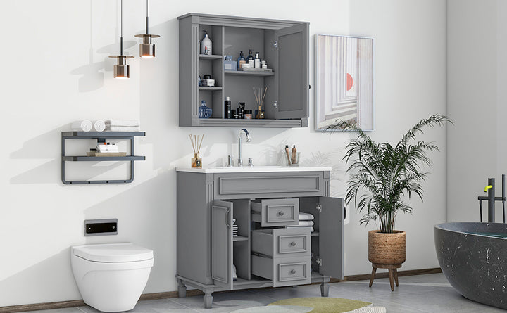 36'' Bathroom Vanity with Top Sink, Grey Mirror Cabinet, Modern Bathroom Storage Cabinet with 2 Soft Closing Doors and 2 Drawers, Single Sink Bathroom Vanity