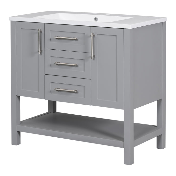 36-Inch Grey Bathroom Vanity with Solid Wood Frame and MDF, Resin Basin, 2 Drawers, 2 Cabinet Doors, 2 Adjustable Shelvesdoor,Single Resin Sink,Small Bathroom Organization Cabinet