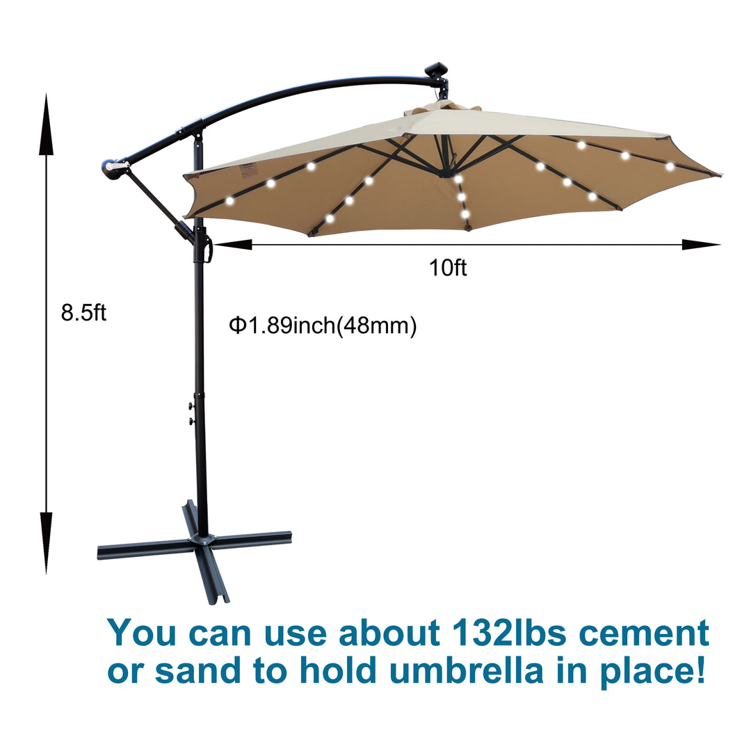 Tan 10 ft Outdoor Patio Umbrella Solar Powered LED Lighted Sun Shade Market Waterproof 8 Ribs Umbrella with Crank and Cross Base for Garden Deck Backyard Pool Shade Outside Deck Swimming Pool