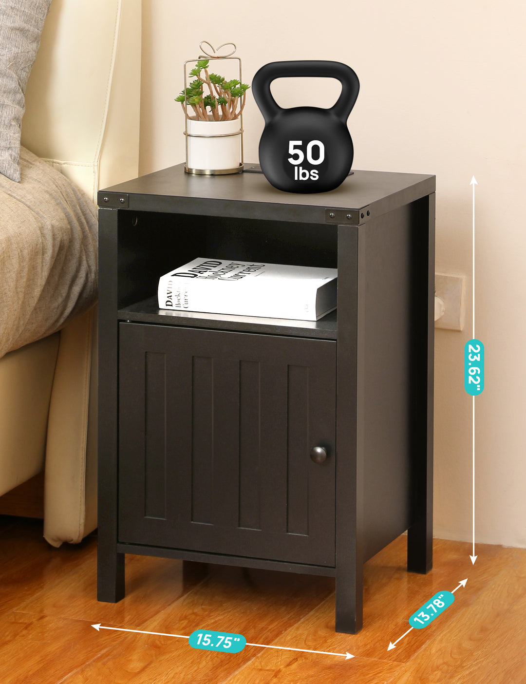 Nightstand with Charging Station, Side Table with RGB Light Strip, Modern End Table Beside Table with USB Ports and Outlets, Barn Door Cabinet, Open Shelf, Deep Storage for Bedroom, Living Room